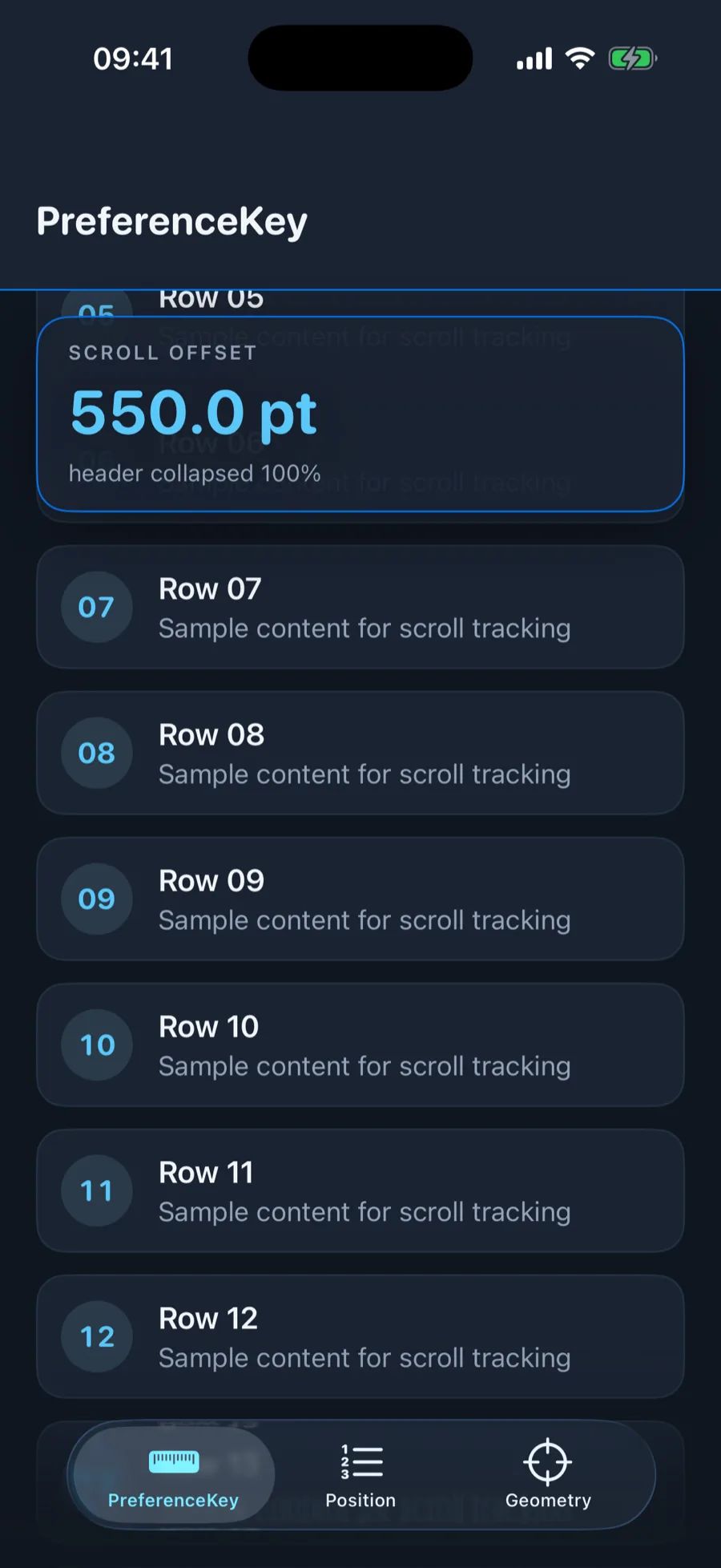 A SwiftUI demo app on iPhone showing a large live read-out that says SCROLL OFFSET 550.0 pt above a scrolling list of rows, with a collapsed header at the top