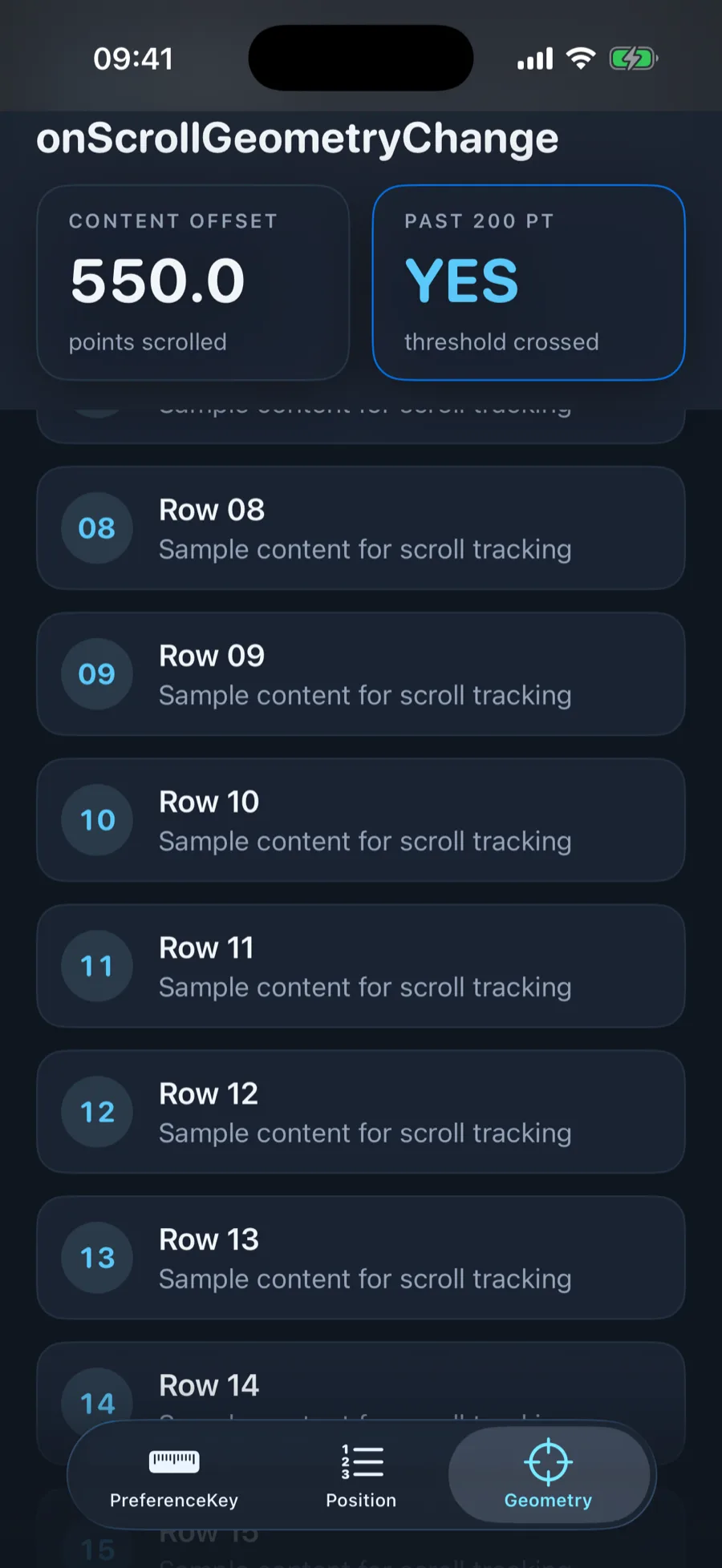 SwiftUI demo on iPhone showing a CONTENT OFFSET read-out of 550.0 next to a PAST 200 PT badge reading YES with the caption threshold crossed