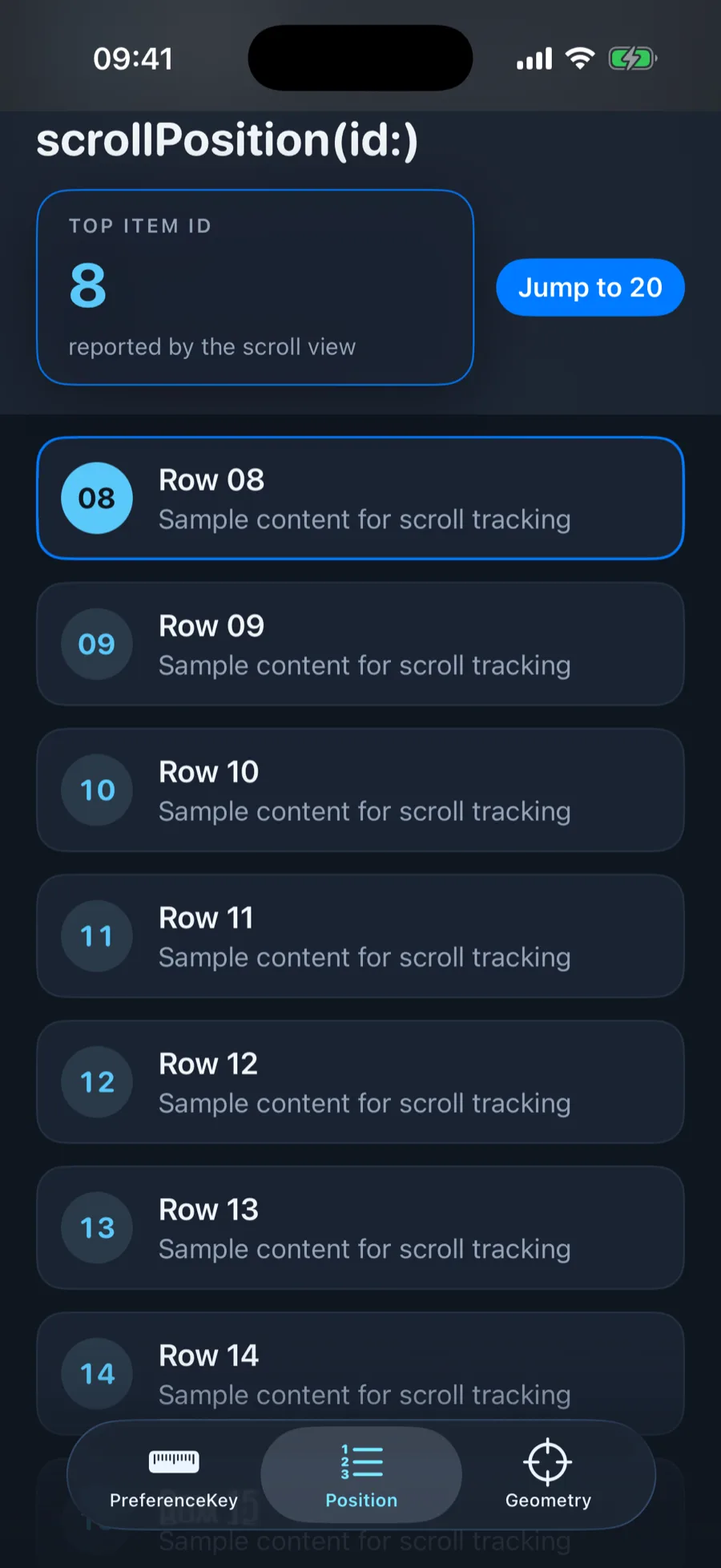 SwiftUI demo on iPhone showing a TOP ITEM ID read-out of 8, a Jump to 20 button, and row 08 highlighted at the top of the list