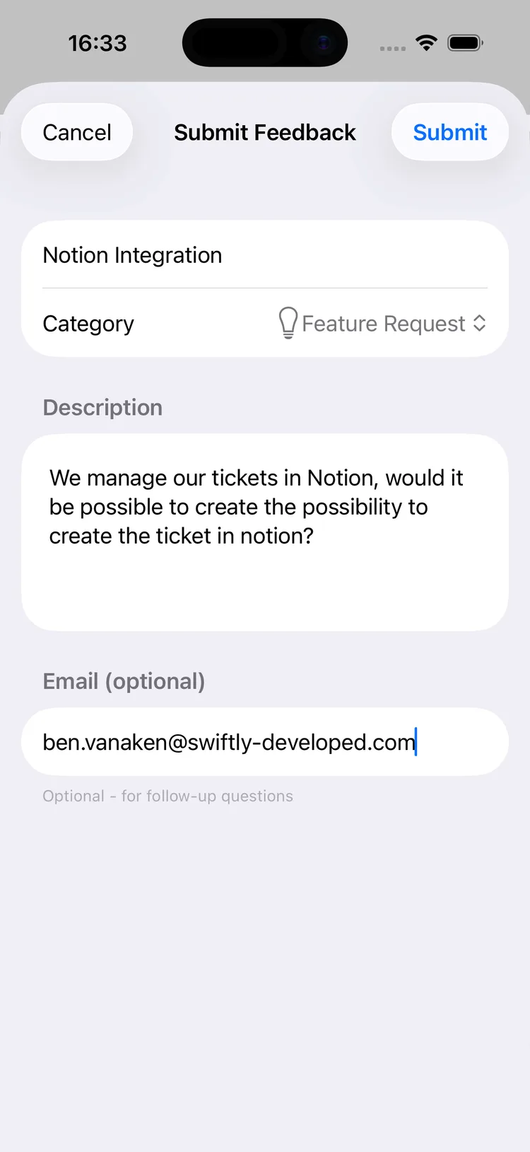 The FeedbackKit submit feedback form on iPhone, showing title, description, a category picker and an optional email field