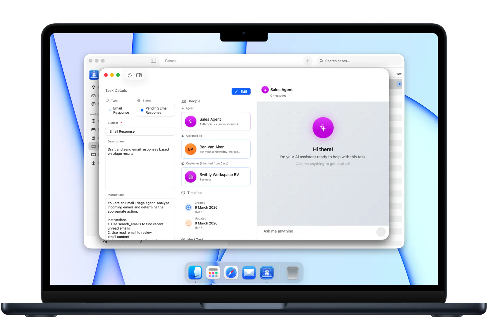 Swiftly Workspace on a Mac: an email response task assigned to an AI sales agent, with the agent chat beside the task details